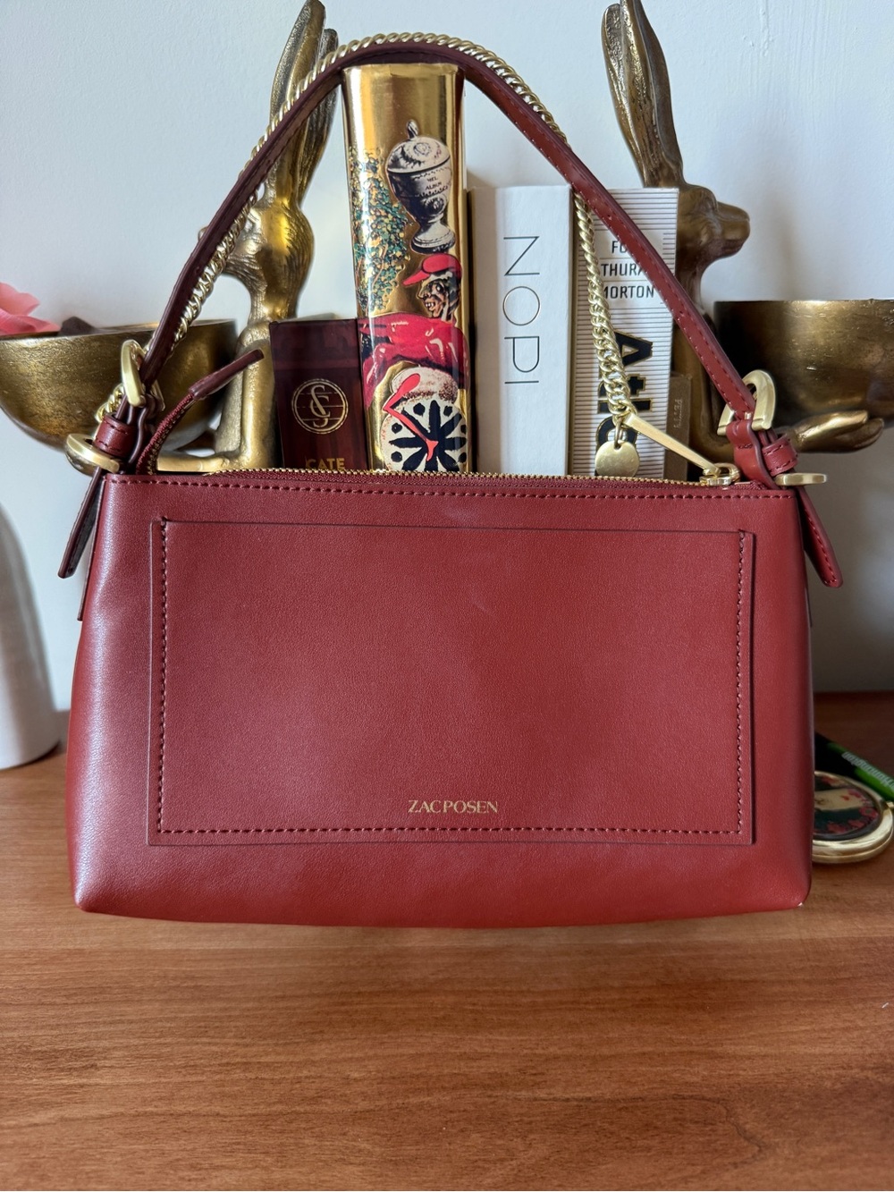 Zac Posen Deep Red Leather Shoulder Bag with Gold Hardware